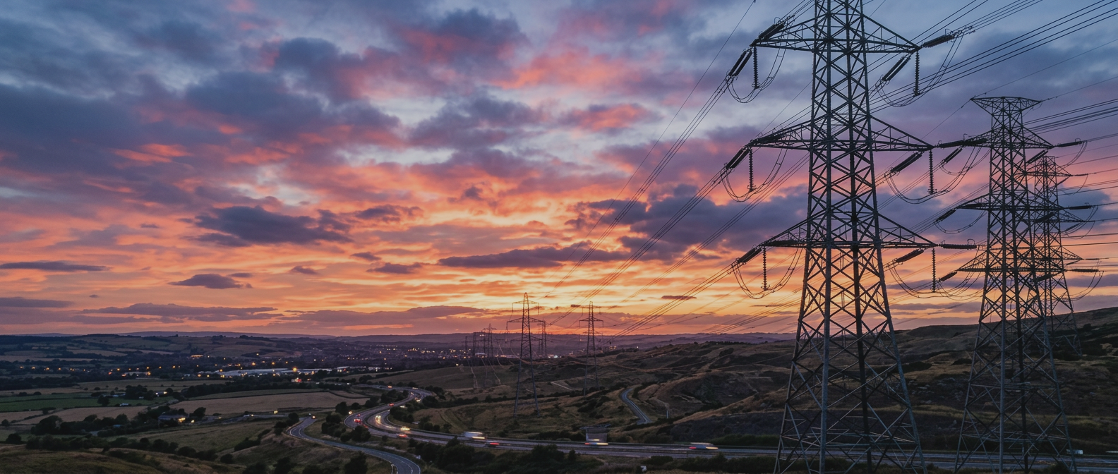 Commercial energy transmission towers at dusk with wind turbines in the distance
